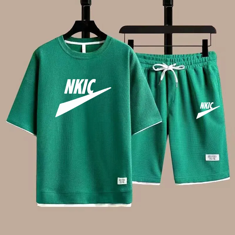 Summer Men Set marka zielona dres mody mody swobodne szorty T-shirt dwuczęściowy zestaw sportowy garnitur w krótkim rękawie męskie ubranie