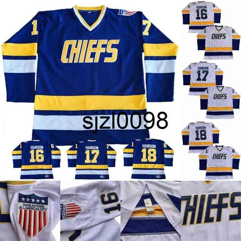 Sj98 Hanson Brothers Charlestown Hockey-Trikots #16 Jack #17 Steve #18 Jeff SlapShot Film-Trikots genäht