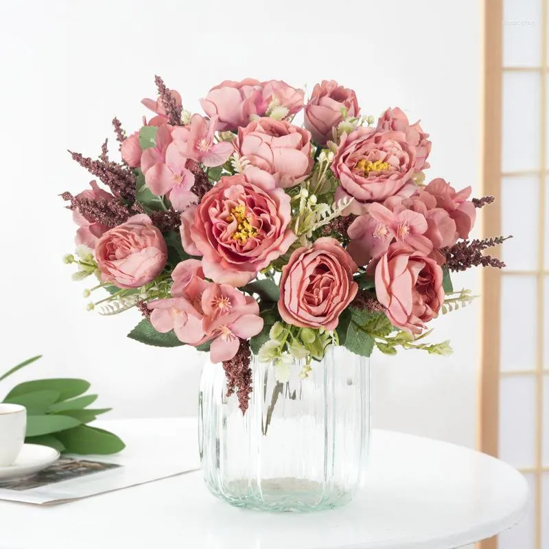 Kwiaty dekoracyjne 28 cm różowe różowe jedwabne piwonia sztuczny bukiet 5 Wielka głowa i 4 pąki fałszywe na domowe dekorację ślubną w pomieszczeniach