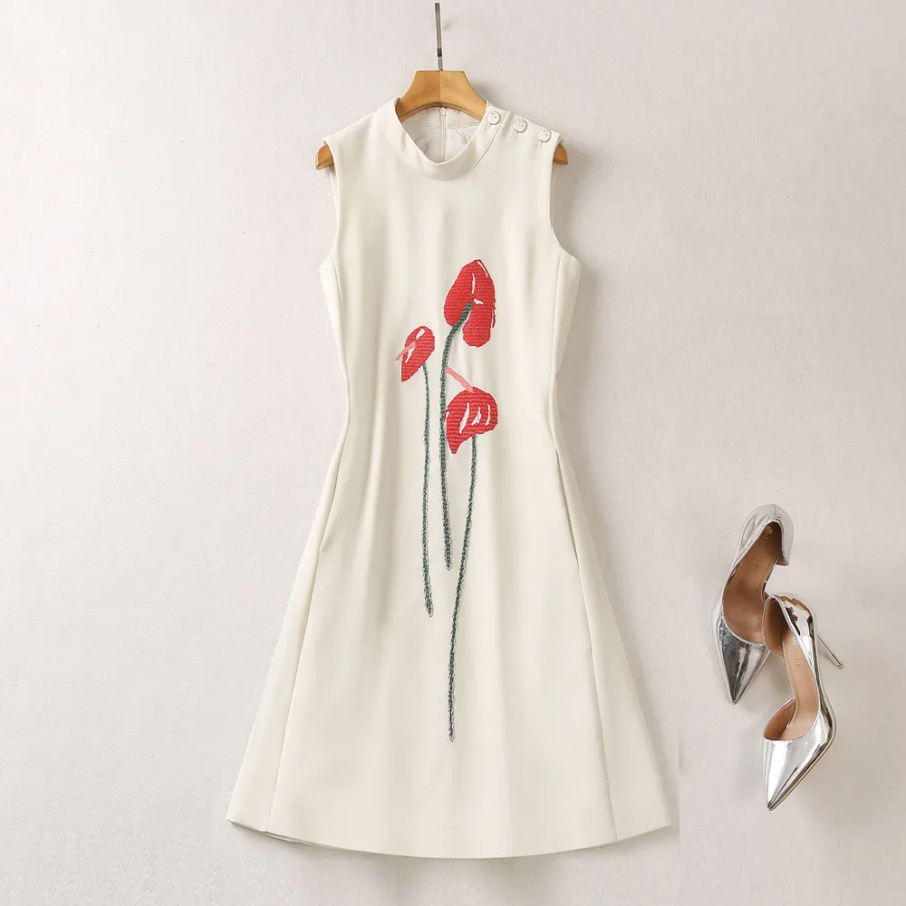 European and American women's clothes 2023 summer new Sleeveless stand collar embroidery Fashion Vest Dress