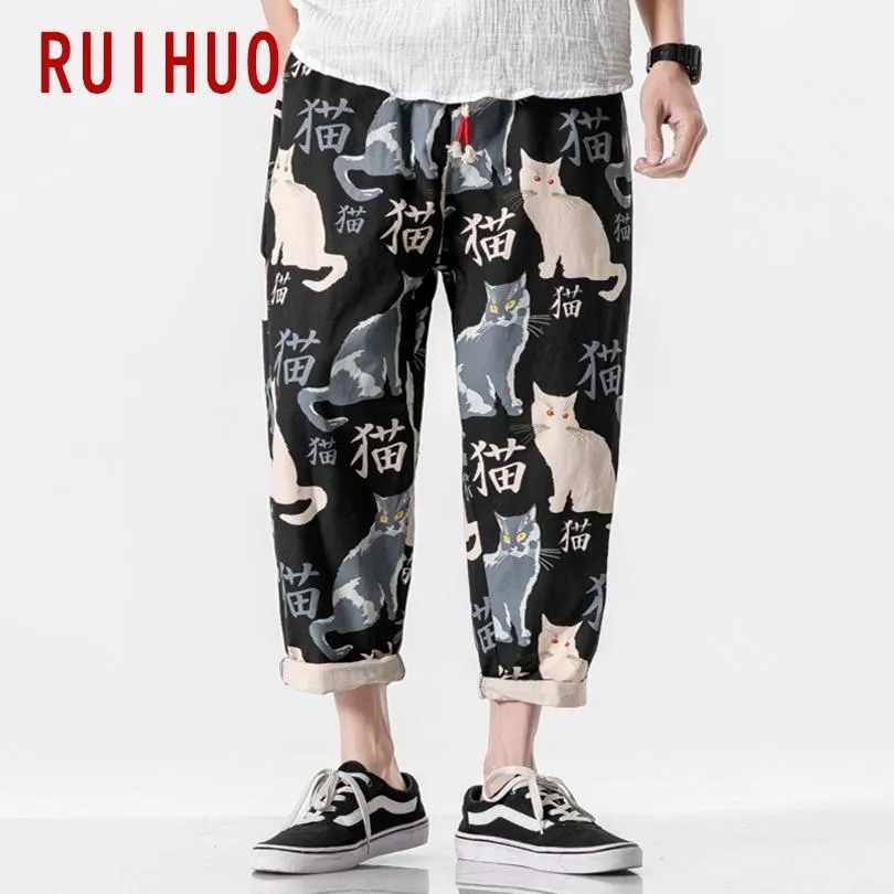 Pantaloni Ruihuo 2023 Nuovo Gatto Stampa Pantaloni stile harem Pantaloni Da Uomo Casual Pantaloni Larghi Uomini Alla Caviglia Pantaloni Della Tuta Hip Hop Streetwear M5xl