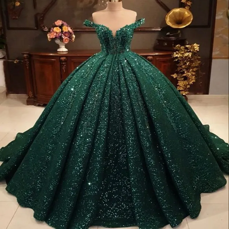 Robe De Quinceanera Vert Foncé Velours Paillettes À Volants Robe De Bal Sparkly Sweet 16 Ans Princesse Robes Pour 15 Ans Vestidos De Feast