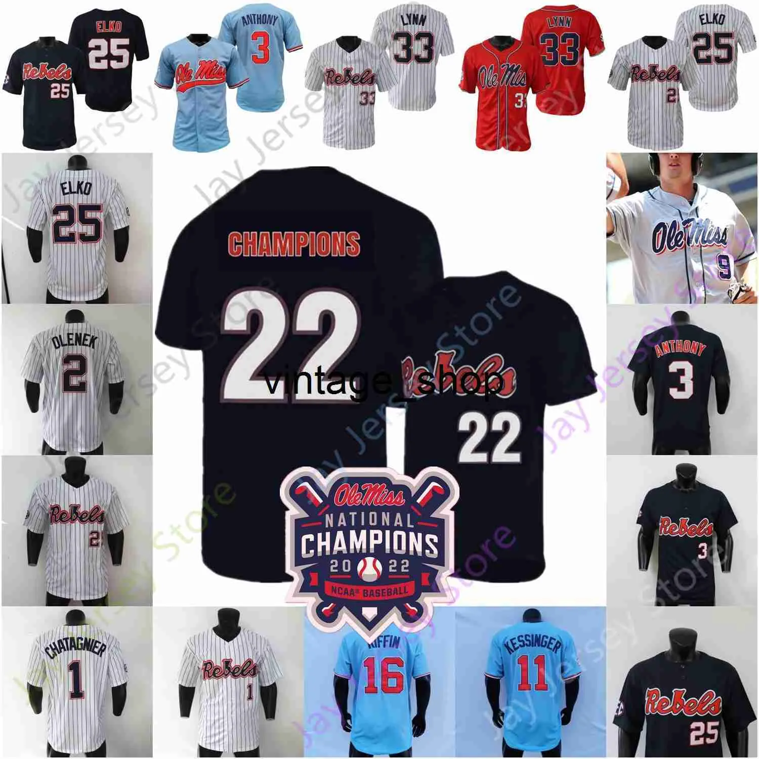 Vin 2022 Campeones WS Ole Miss Rebels Jersey de béisbol NCAA College Tim Elko Lance Lynn Knox Loposer TJ McCants Harris John Gaddis McDaniel Diamond Dougherty Alderman