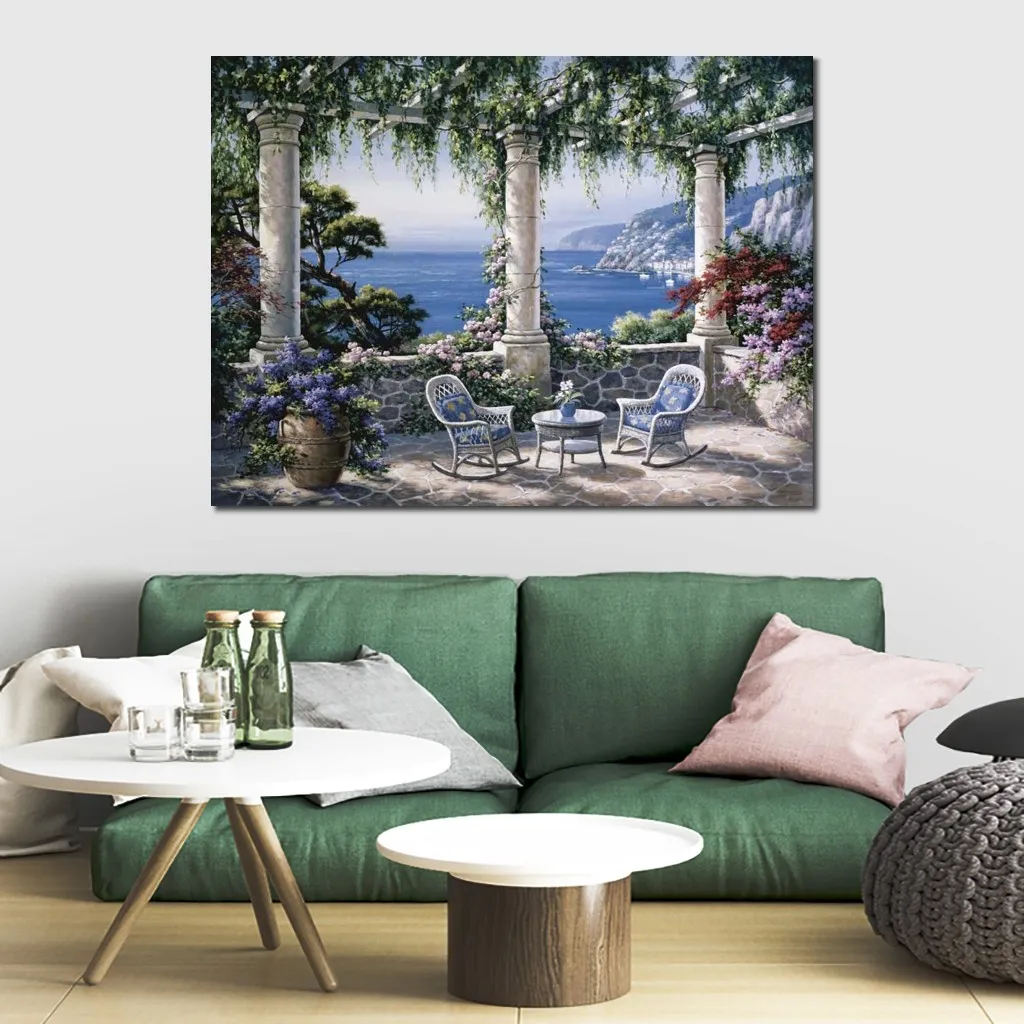 Contemporary Landscape Canvas Art Mediterranean Terrace Sung Kim Handcrafted Oil Painting Unique Style for Entryway