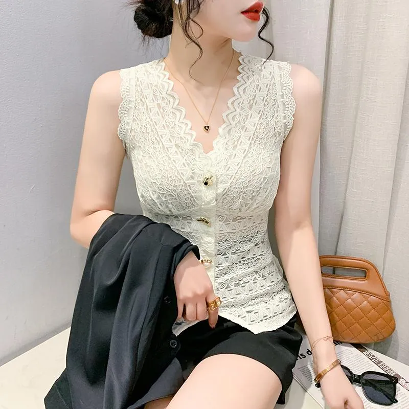 Tanques femininos 2023 verão roupas coreanas tops de renda moda sexy decote em v botão diamantes mulheres sem mangas camisetas casuais 32387