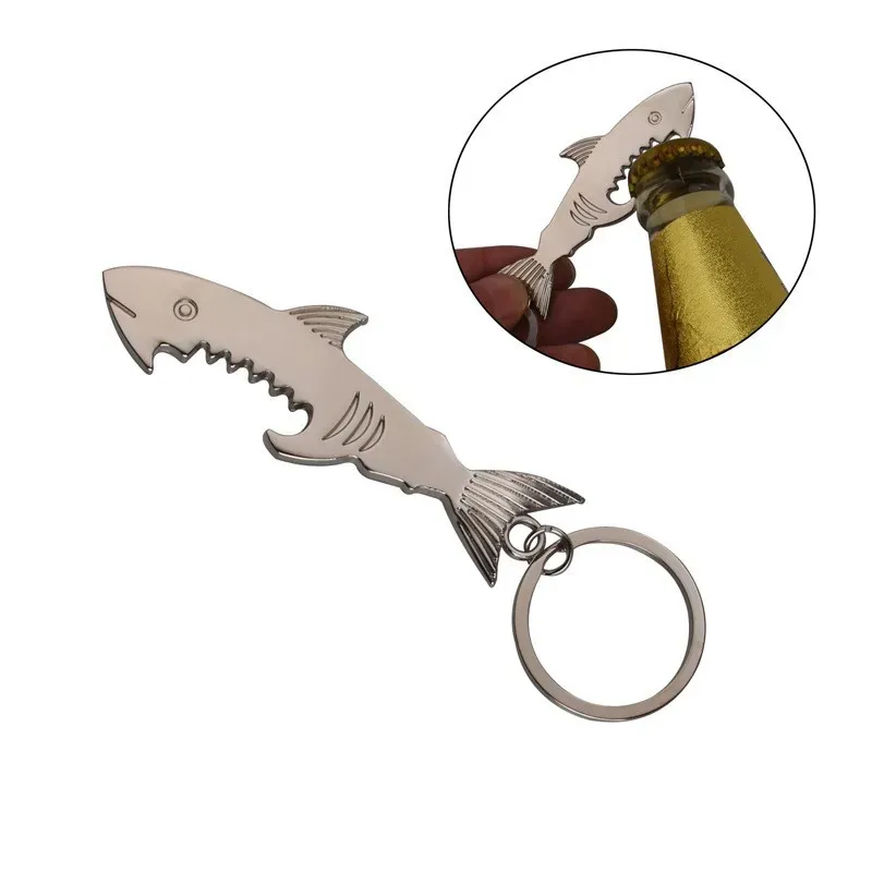 Portachiavi in metallo 2 in 1 apribottiglie creativo squalo pesce portachiavi apribottiglie apriscatole manuali apribottiglie birra in acciaio