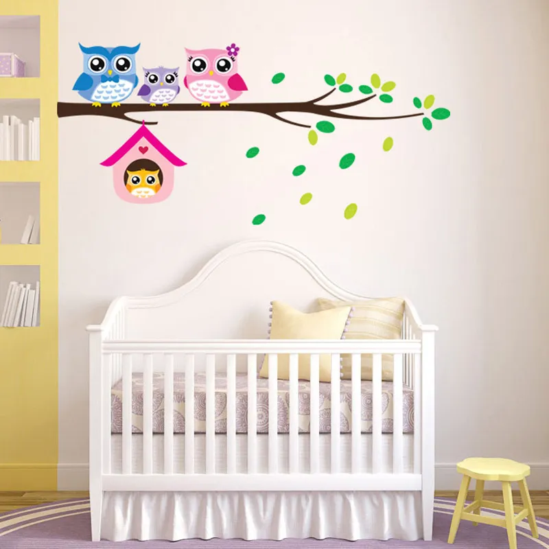 Familia de búhos de dibujos animados en pegatinas de pared de árbol para habitaciones de niños, decoración del hogar, calcomanías de arte mural para guardería, pegatinas de animales bonitos, papel tapiz