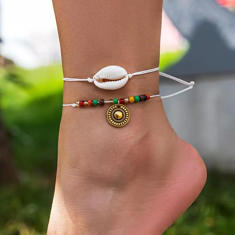 Anklets KunJoe Bohemia Shell Colorful Rice Beads Wax Thread Anklet Chain Set For Women Charm Metal Printed Disc Pendant Foot Chains