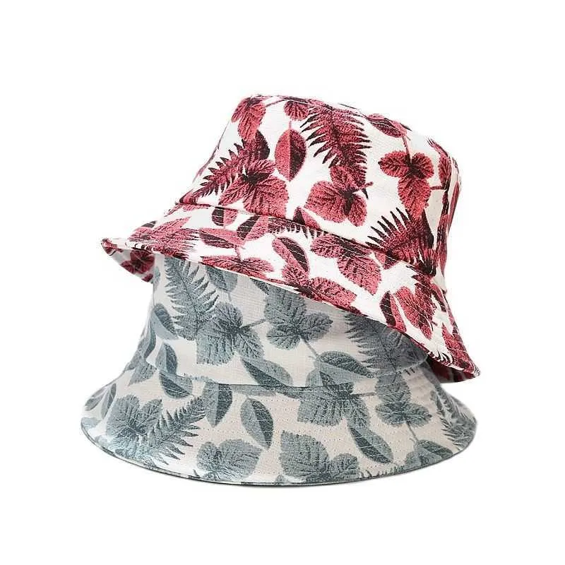 Wide Brim Hats LDSLYJR Cotton Leaf Printing Bucket Fisherman Outdoor Travel Sun Hat Male and Female 345 G230603