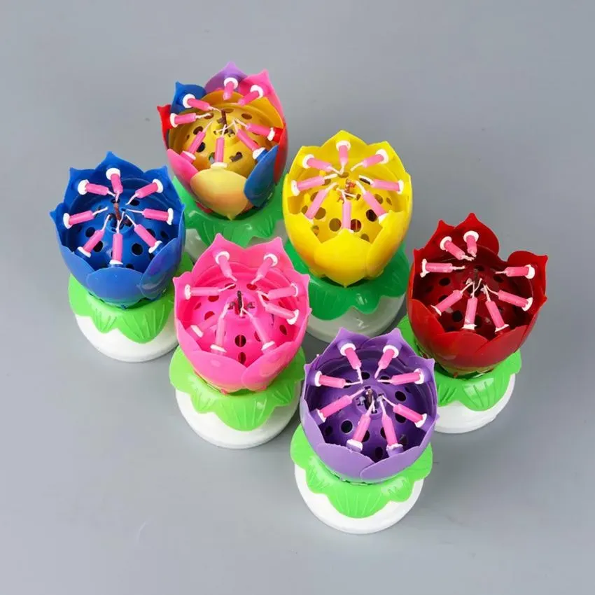 Musical Birthday Cake Candle Lotus Flower Floral Rotating candle Lotus Sparkling Flower Candles Cake Accessory Gift C57