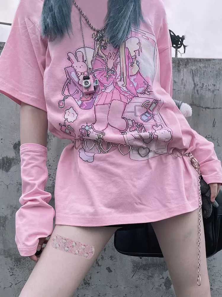 Damen T-Shirt Deeptown Sommer Kawaii Mädchen für Frauen Anime Harajuku Graphic Tee Top Streetwear Niedliches bedrucktes T-Shirt Loses rosa Kleid P230603