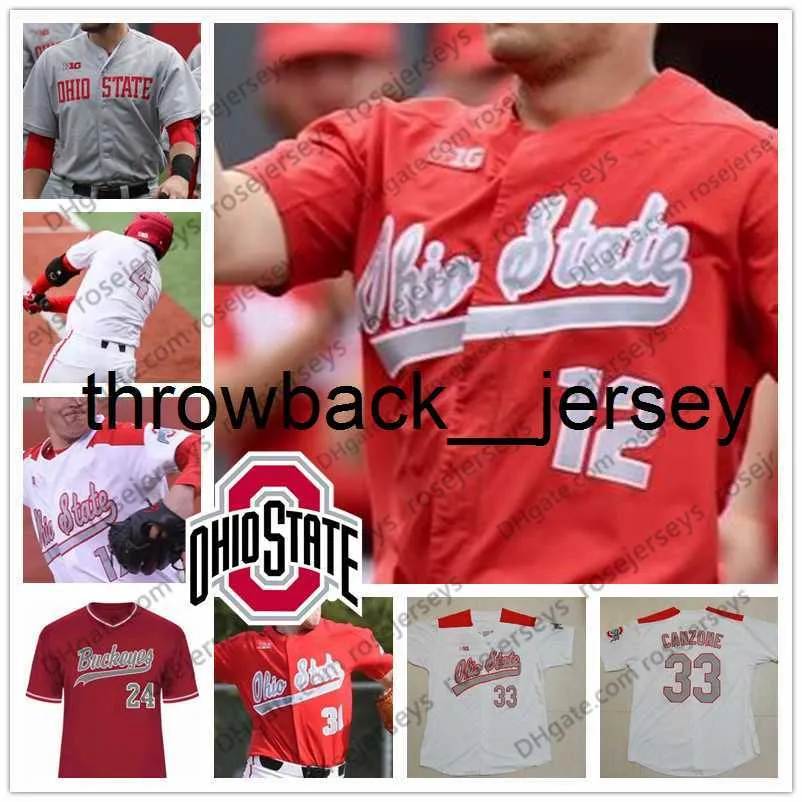 THR NCAA OHIO State Buckeyes Baseball #2 Kobie Foppe 3 Jake Vance 12 Tyler Cowles 44 Connor Curlis College 회색 흰색 빨간 저지 S-4XL