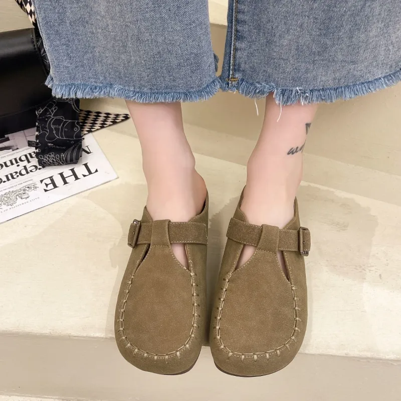 Baotou half drag female outside wear 2023 spring new heel free leisure 100 match fairy lazy slippers pregnant women flat slipper