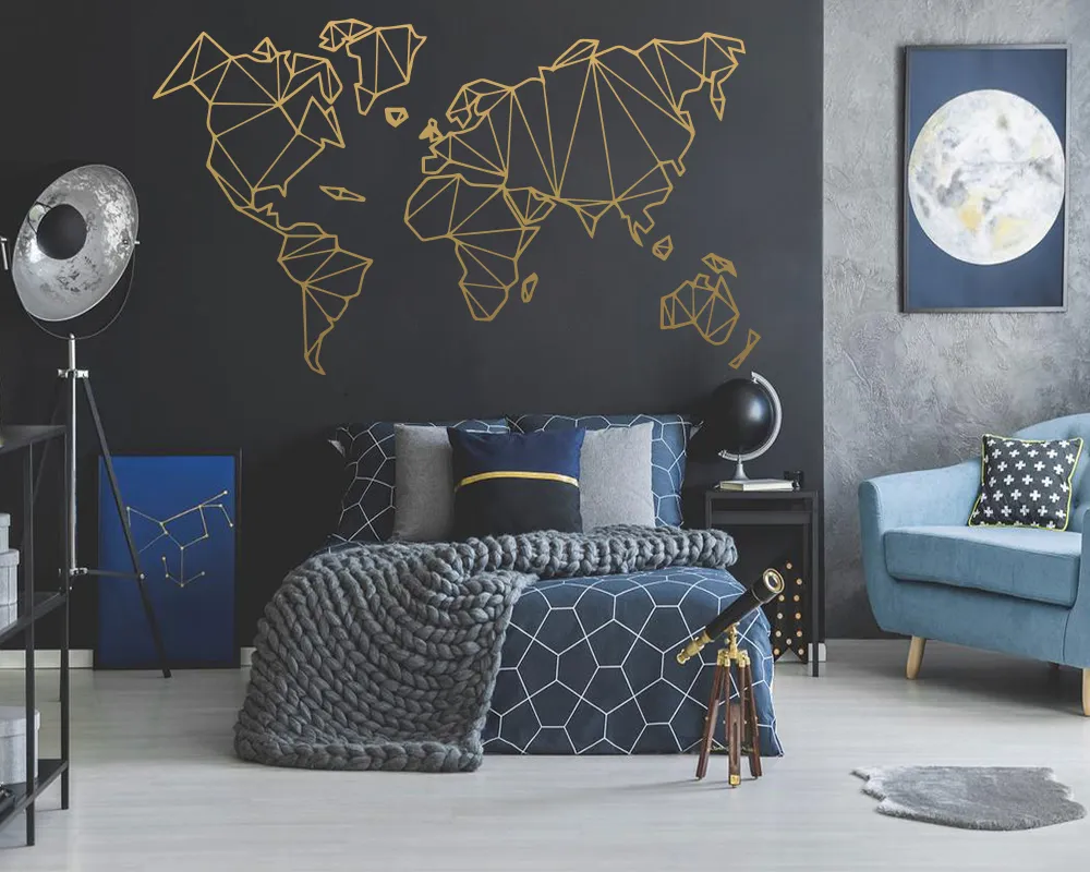 Adesivo da parete con mappa del mondo geometrico di grandi dimensioni Adesivo murale in vinile rimovibile per la decorazione della camera da letto Adesivi per la decorazione del soggiorno della casa Accessori