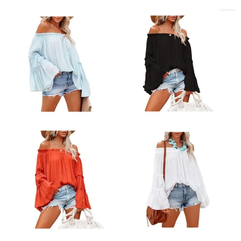 Women's Blouses Womens Sexy Off Shoulder Ruched Flared Bell Long Sleeve Casual Shirt Solid Color Summe Top Drop