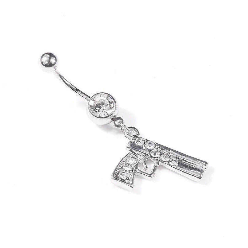 sexy gun shape wasit belly dance crystal body jewelry stainless steel rhinestone navel bell button piercing dangle rings for women