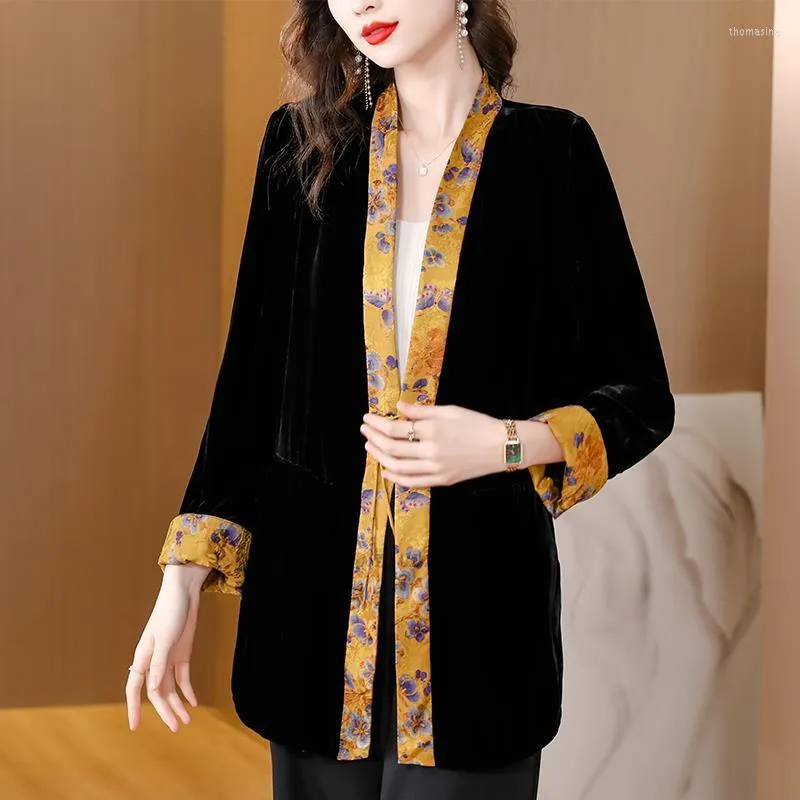 Etnik Giyim 2023 Ulusal Çiçek Baskı Tang Takım Kadın Stil Gevşek Velvet Ceket Vintage Giysileri Uzun Kollu Kısa Hırka