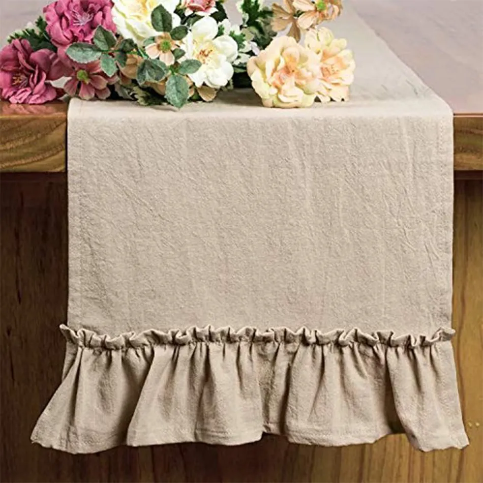 Bordslöpare Cotton Ruffles Table Runner Event Party Supplies Fabric Decor Romantic Solid Color Placemat för Holiday Wedding Christmas Doily 230605