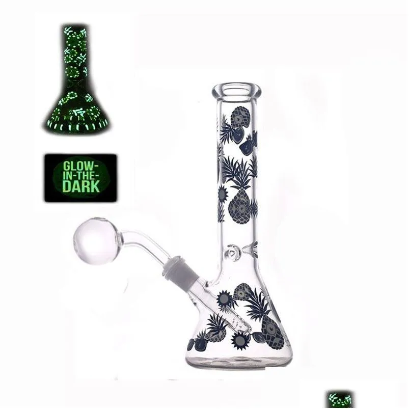 Rauchpfeifen 10 Zoll hoch im Dunkeln leuchtende handbemalte Bongs Leuchtende Glasbecher-Bong-Wasserpfeife Dab-Öl-Rig 14-mm-Tabakschale Dr. Dhrtw