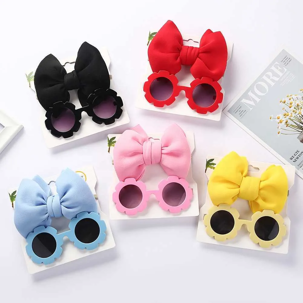 Śliczne anty-UV Cartoon Kwiatowe okulary przeciwsłoneczne 2pcs/set dla dzieci Photo Props Prezenty Prezenty Baby Girl Girl Girl Culmer and Bow Sinot Hairband Set