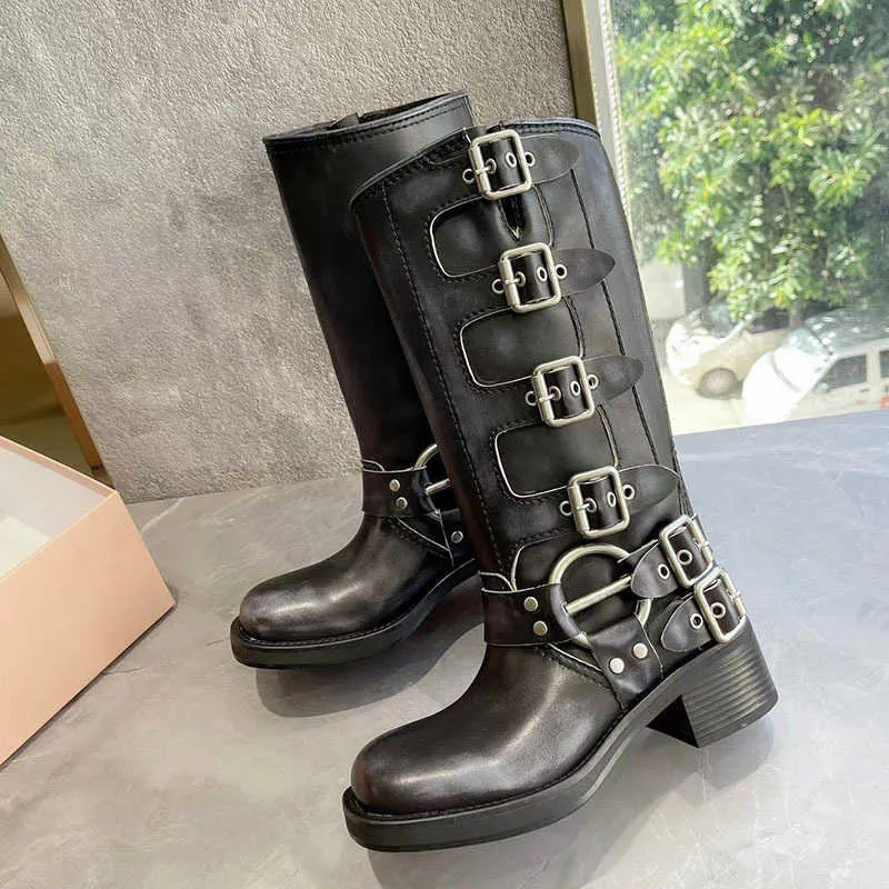 Boots Platform Chunky Motorcycle Cowboy Boots For Women Brand Designer Buckle Vintage Fashion Casual Mid Calf Boots Shoes Z0605