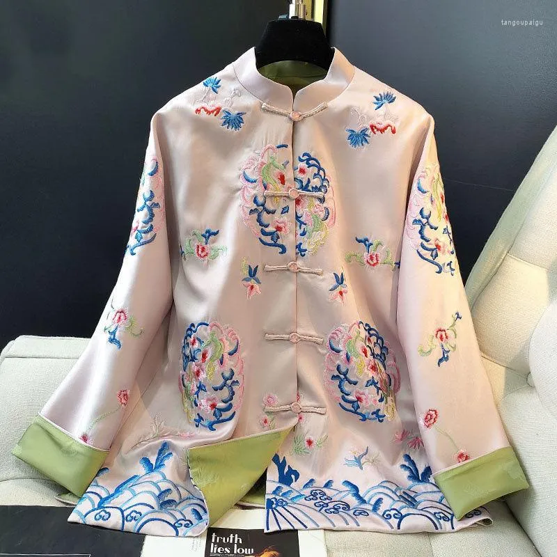 エスニック服ピンク中国のタングスーツトップの女性2023年春秋に改善されたナショナルスタイルのヴィンテージモダンハンフー刺繍ジャケット