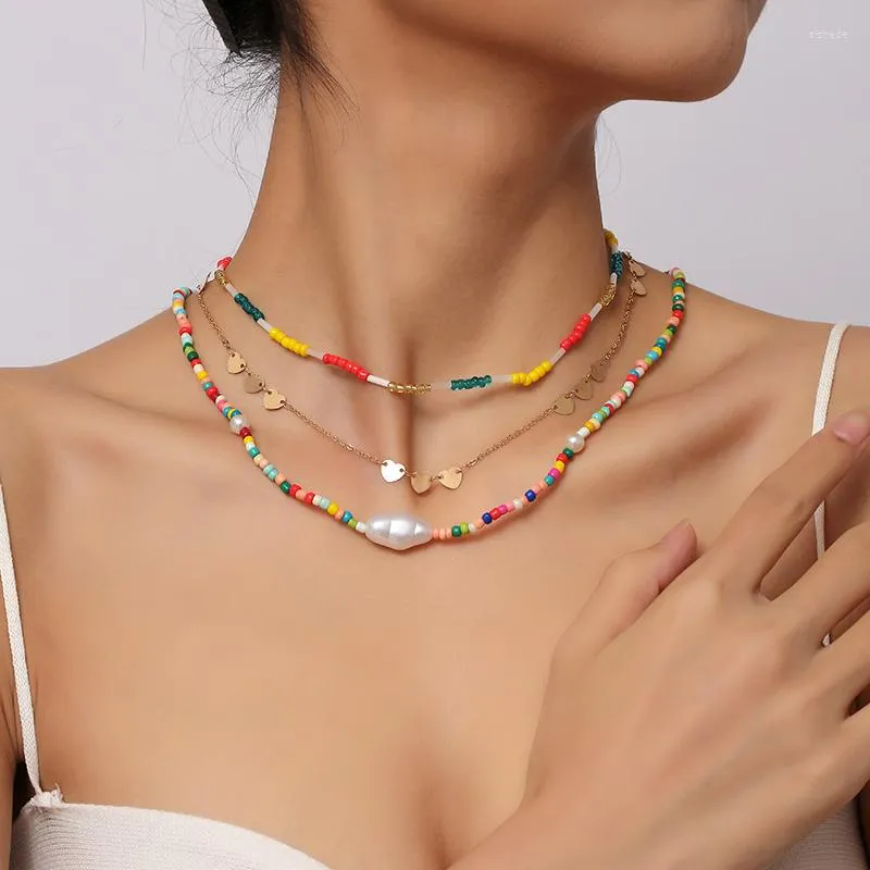 Catene 3 pezzi / set stile spiaggia multicolore perline di vetro collana di perline fatta a mano per le donne Boho catena color oro cuore collane gioielli