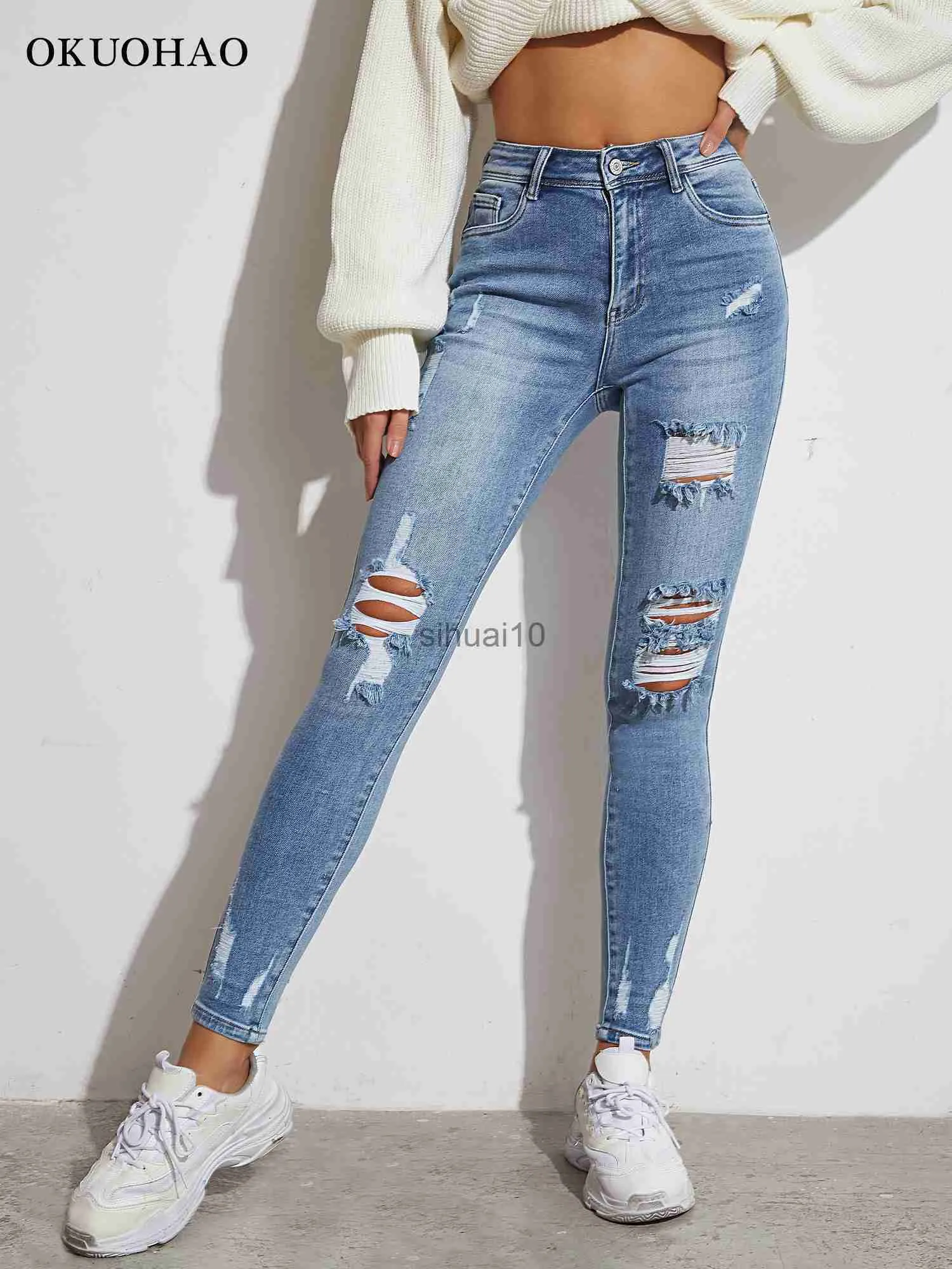 Kvinnors jeans ljusblå sexig mager kvinnor jeans stretch rumpa lift rippade hål denim byxor lady kläder flickor täta byxor y2k streetwear j230605