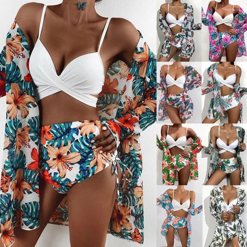 Roupa de banho feminina 2023 conjuntos de biquínis 3 peças encobrir maiô feminino sexy estampado protetor solar manga comprida banho roupa de praia roupas de banho