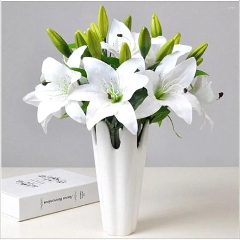 Fleurs décoratives faveur de fête de mariage 30 cm blanc rose réel toucher colle plastique Lily El maison Art décor branche artificielle 5 pièces