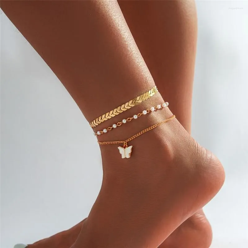 Anklets 3st/Set Cross Star Ankle Armband Set for Women Trendy Butterfly Heart Moon Crystal Charm Anklet Chain On Leg Boho smyckespresent