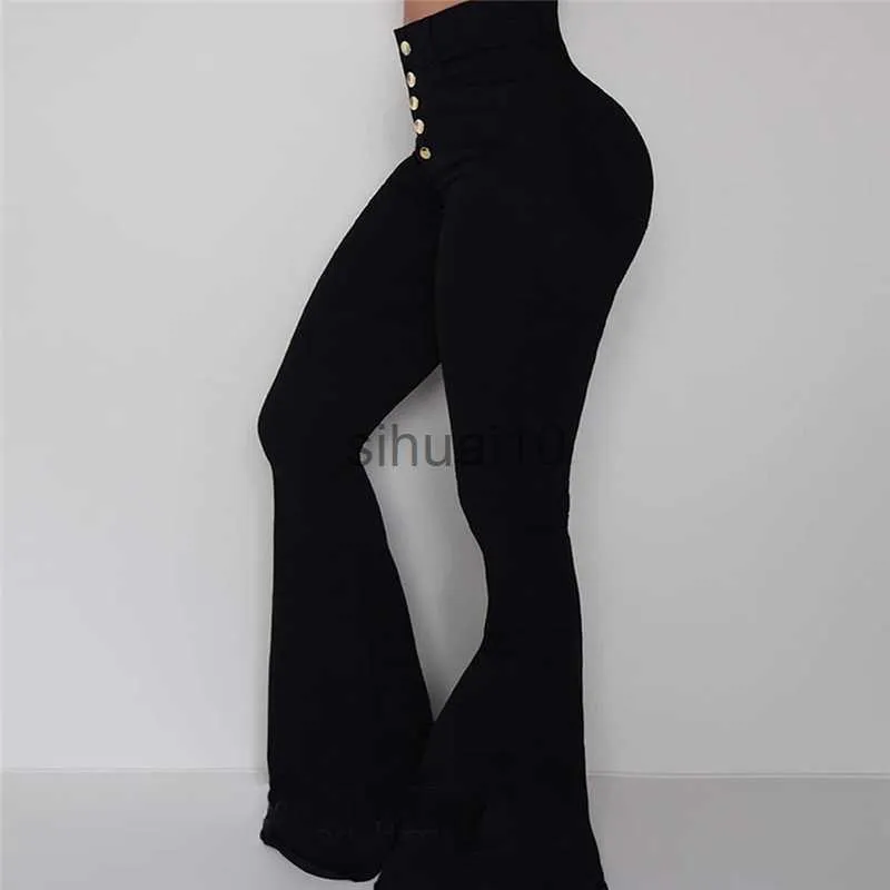 Женские брюки Capris Женщины эластичности колокольчики брюки с высокой высокой талией элегантные длинные брюки моды