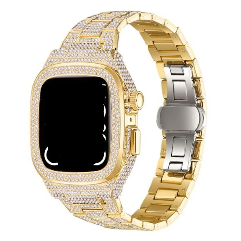 para Apple Watch Series 8 7 6 5 4 SE 44mm 45mm AP Modification Kit Set Full Bling Diamond Protective Case Band Strap Cover