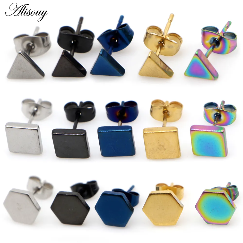 Alisouy 2pcs Unisex Donna Uomo Triangolo Quadrato Esagono Orecchini in Acciaio Inossidabile Anti allergia Piercing Ear Stud Gioielli di moda