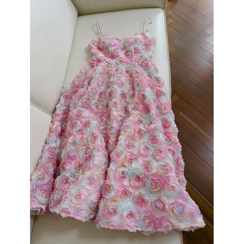 Robe mi-longue en Tulle à panneaux floraux multicolores, fleurs 3D, bretelles Spaghetti, encolure dégagée, robes décontractées, été, 2023, J3L047823