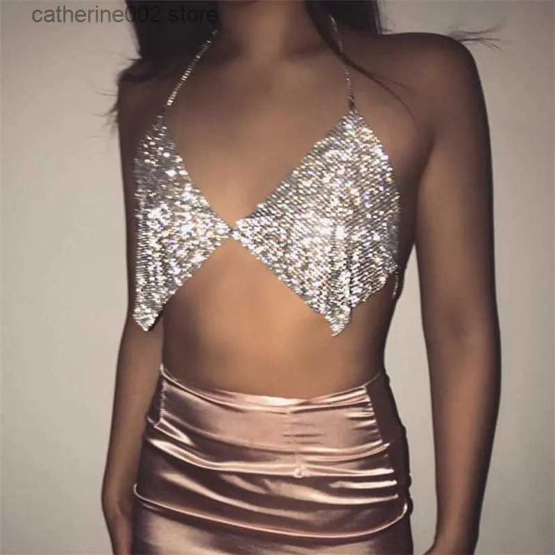 Kadın Tankları Camis Parlak Rhinestones Halter Camisole Kadınlar için Seksi Sırtsız Derin V Boyun Mahsulün En İyi Yaz Plaj Tank Topları T230605