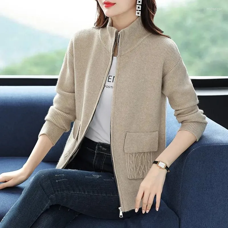 Women s Knits Spring And Autumn Middle aged Mother Sweater Jacket Female 2023 Loose Pocket Zipper Stand Collar Knitted Cardigan Mom