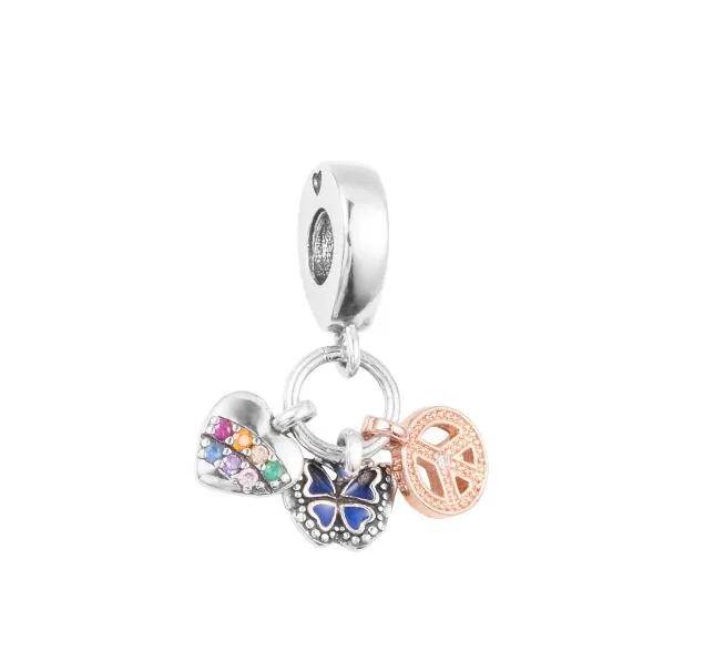 Passar Pandora Armband 925 Sterling Silver Two-Tone Rainbow Heart, Butterfly Peace Triple Dangle Charm Pärlor för kvinnors smycken