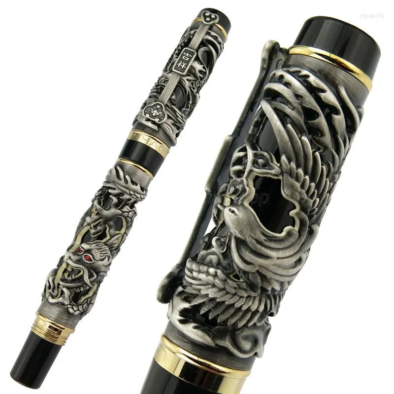 Jinhao Dragon Phoenix Design Caneta Rollerball Metal Escultura Em Relevo Pesado Nobre Cinza Preto Para Escritório Escola Casa