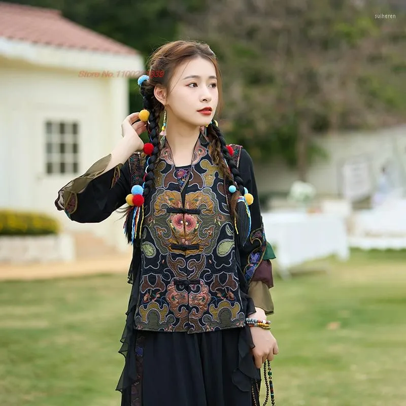 National Flower Embroidered Tang Suit Vest Chinese Traditional 