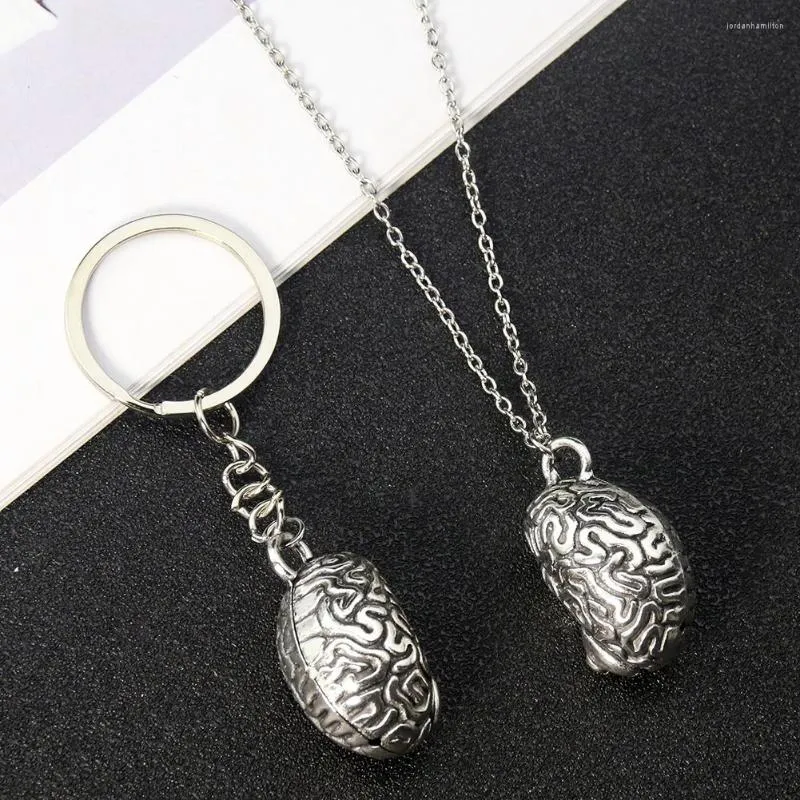 Hänge halsband Rock Metal Brain Necklace Cerebrum Keychain Charms Bag ryggsäck Bike Car Key Prydnad Hängande man Boy Student Smycken