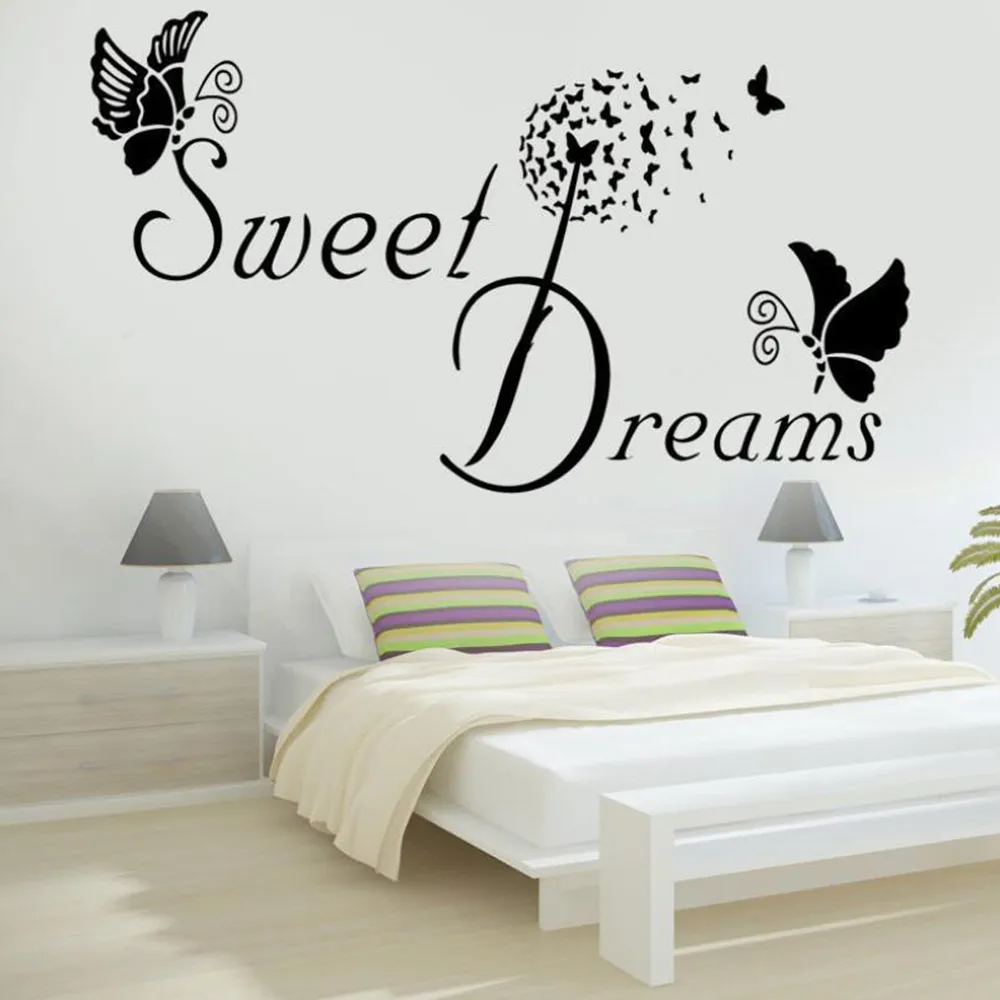 Romantische Buchstaben SWEET DREAMS Wandpaste Mode Schmetterling LIEBE Zitat Wandaufkleber für Schlafzimmer Aufkleber DIY Art Decor Zubehör