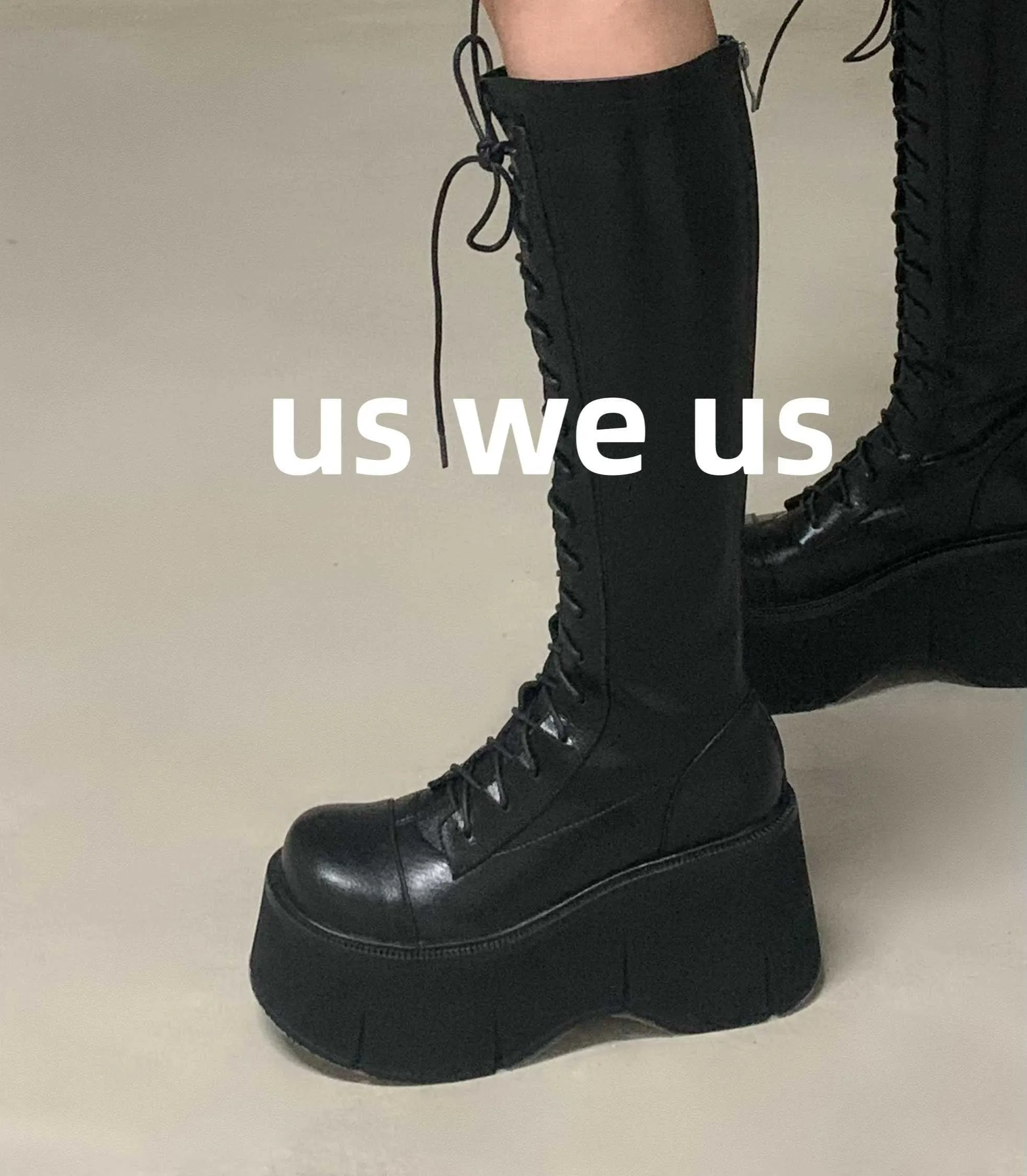 Boots Goth Women Platform Wedges Heeled Motorcycle Boots Lace Up Zip Combat Knee High Boots Autumn Winter Design Shoes Z0605