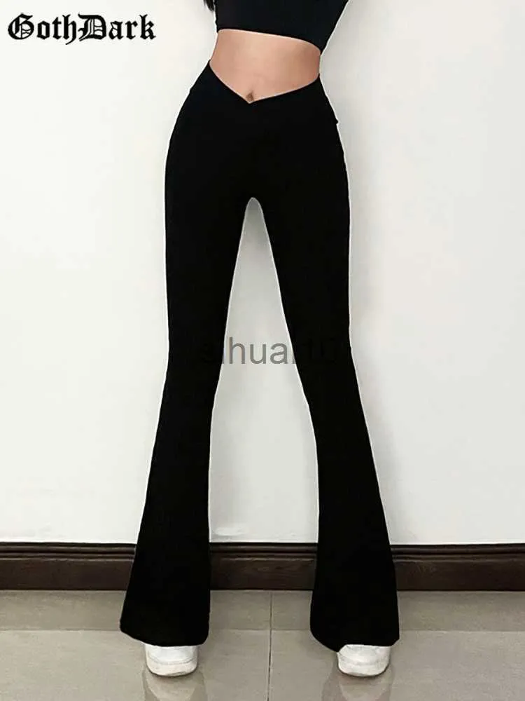 Women's Pants Capris Goth Dark Solid Ribbed Casual Knitted Lings Y2k High Raise Women Tight Bell Flare Pants Black Grey V-Waist Fashion Trousers J230605