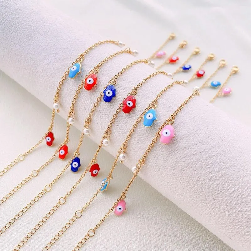 Anklets 304 Stainless Steel Link Cable Chain Anklet Gold Color Enamel Hamsa Symbol Hand For Women Foot 22cm(8 5/8") Long 1 Piece