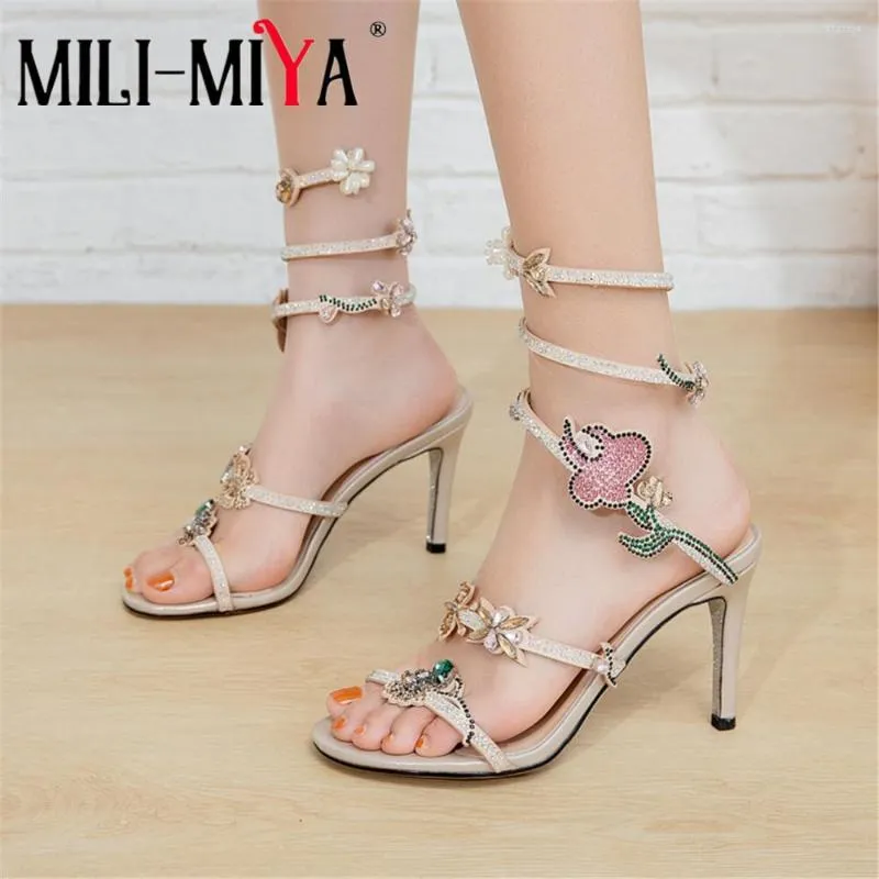 Kleidschuhe MILI-MIYA Strass Knöchelriemen Sandalen Leggings Frauen Römische High Heels Sexy Kristall Blumen Fisch Mund Party