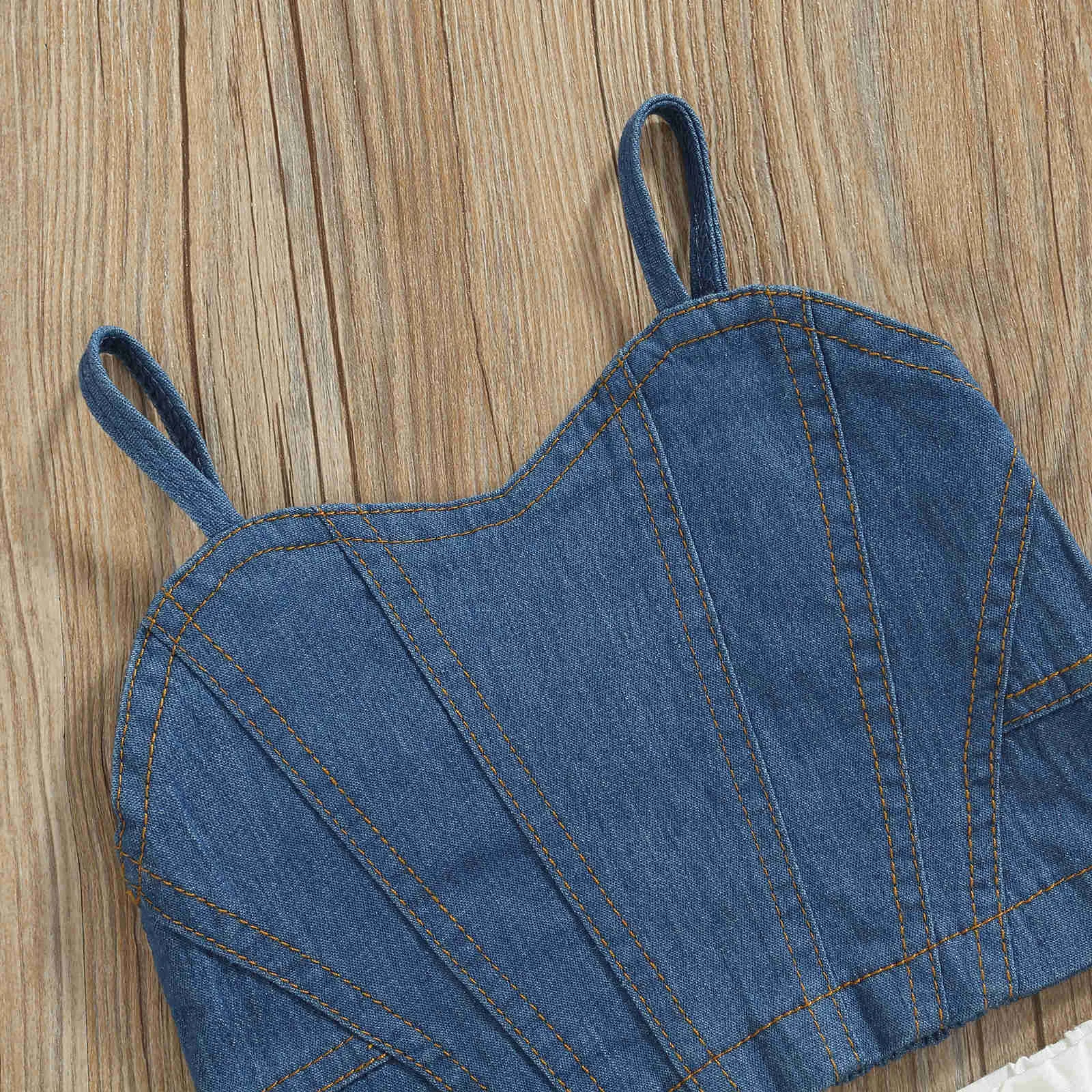 Zestawy odzieży Dziewczęta moda 2pcs proc bez rękawów patchwork dżinsowe tanki z elastycznymi talią plisowane krótkie spódnice