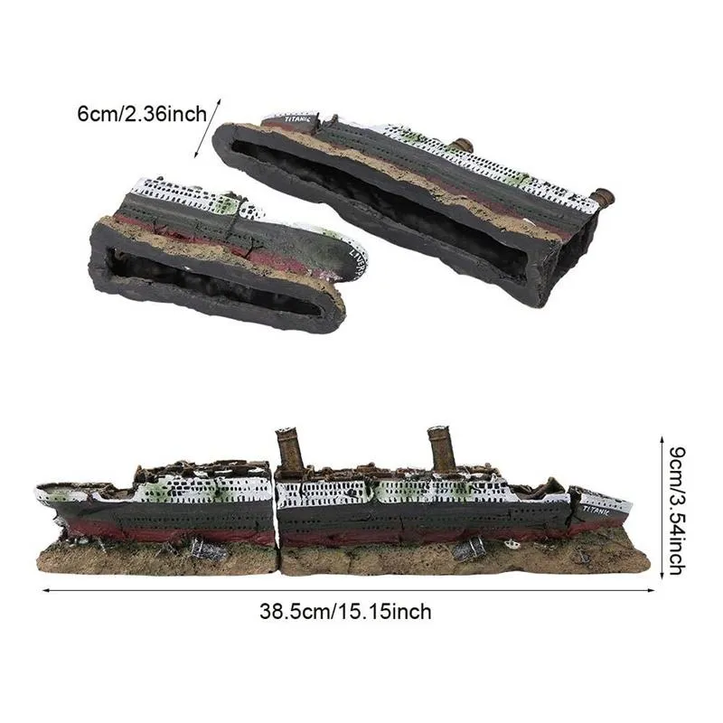 Dekorationer fiskbehållare landskapsarkitektur titanisk modell harts akvarium förstört båtfartyg dekoration konstgjord fisk tank prydnad sjunkit fartyg båt