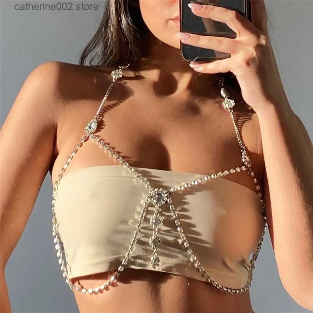 Women's Tanks Camis Sparkly Rhinestone Halter Chest Chain For Women 2023 Summer Tassel Diamonds Backless Body Chain Party Club Jewelry Accessory T230605