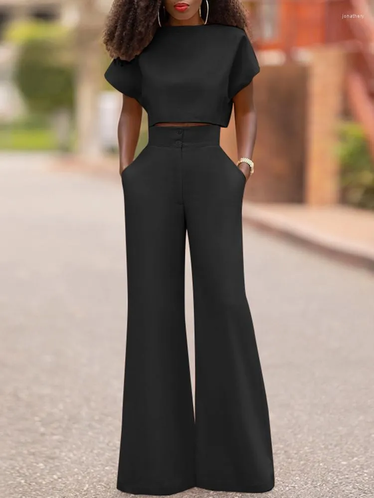 Women's Two Piece Pants VONDA Women Set 2023 Casual Solid Short Sleeve Tops Palazzo Suits Femme High Waist Zipper Office Long Trouser